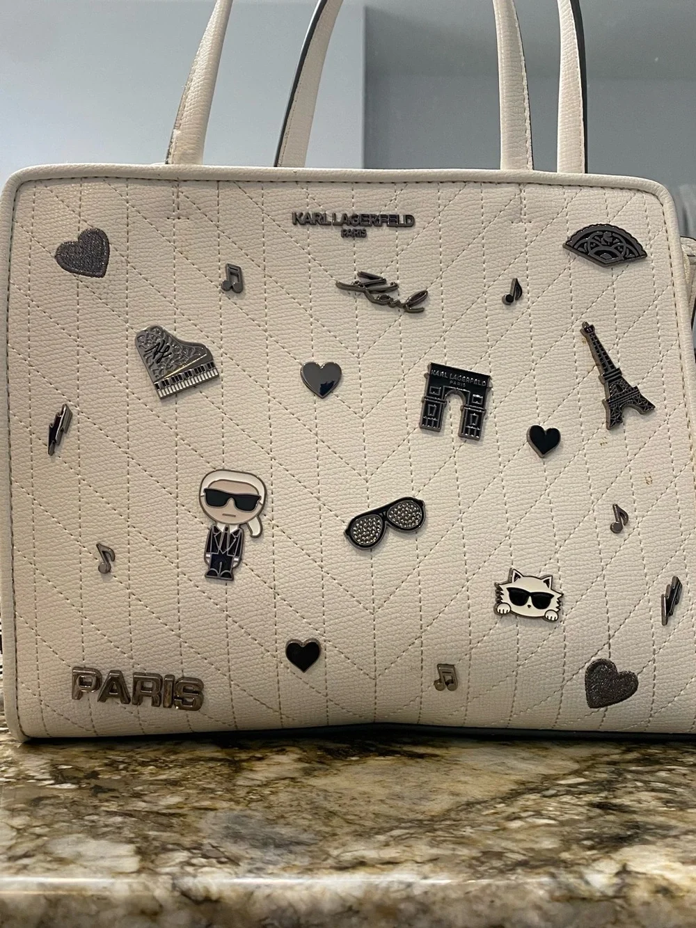 Karl Lagerfeld White Quilted Embellished Shoulder Bag